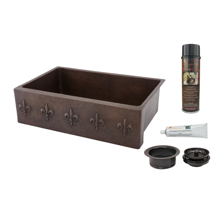 33" Hammered Copper Kitchen Apron Single Basin Sink w/ Fleur De Lis with Matching Drain and Accessories