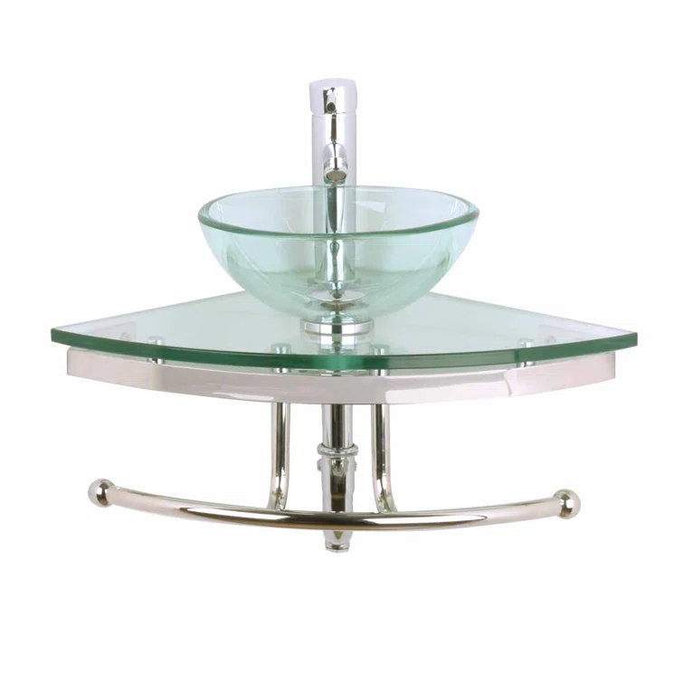 The Renovators Supply Inc. 10889 Round Corner Glass Wall Mount Bathroom Vessel Sink with Chrome Faucet Towel Bar