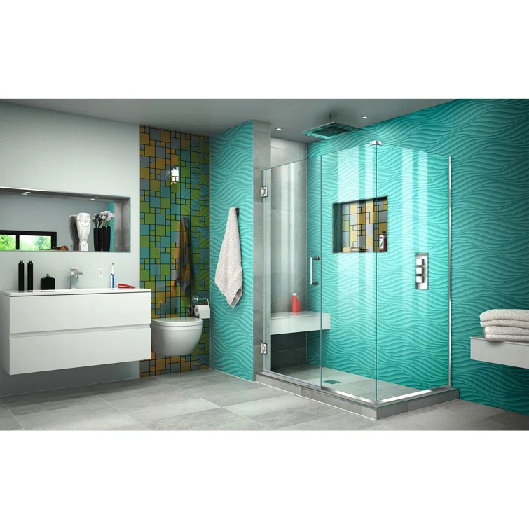 Unidoor Plus 60" W x 34" D x 72" H Frameless Rectangle Shower Enclosure with Fixed Panel