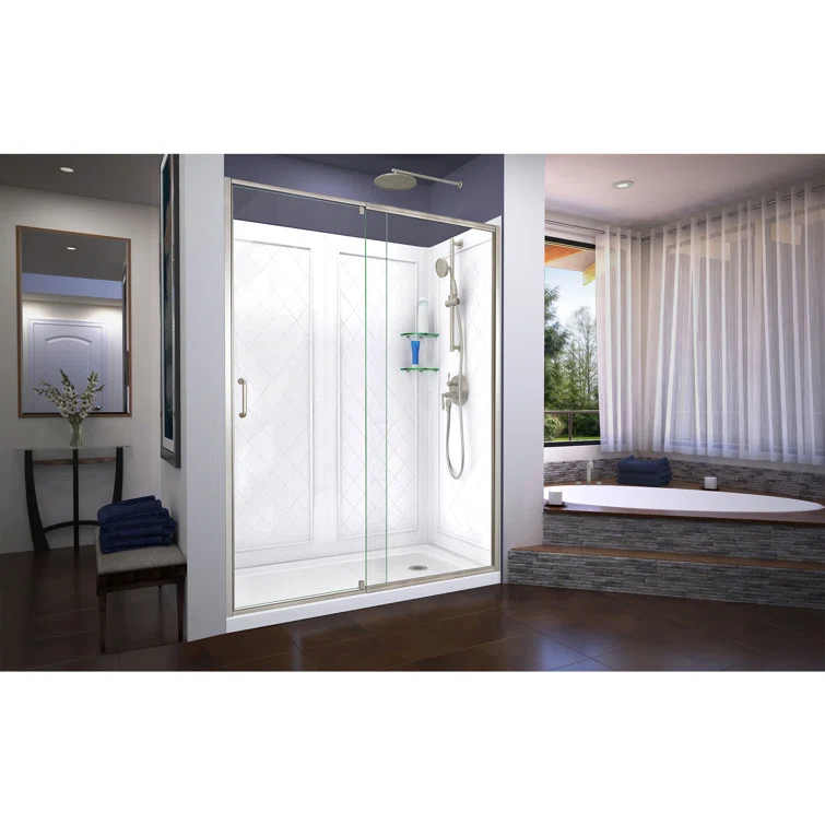 DreamLine Flex 34 in. D x 60 in. W x 76 3/4 in. H Semi-Frameless Shower Door, Backwalls