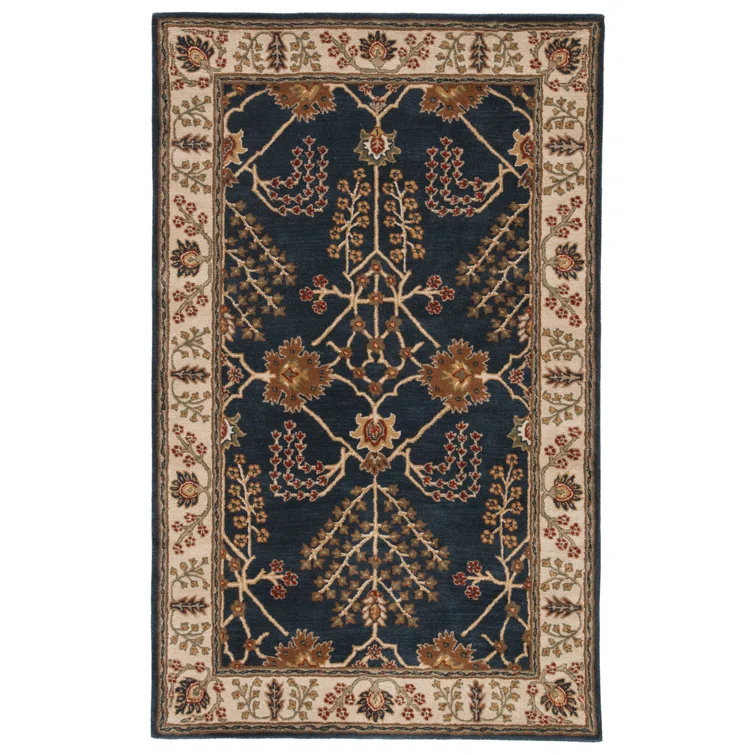 Poeme Wool Area Rug in Dark Blue/Cream/Orange