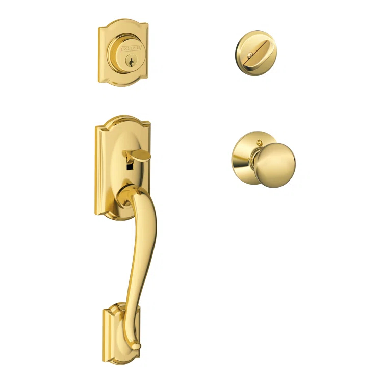 Camelot Handleset with Single Cylinder Deadbolt and Plymouth Door Knob and Rosette