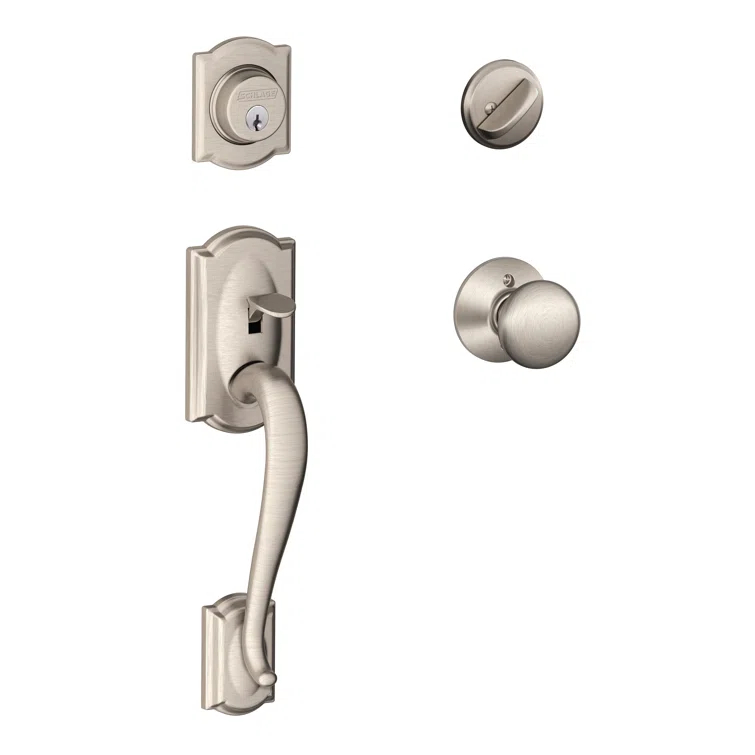 Camelot Handleset with Single Cylinder Deadbolt and Plymouth Door Knob and Rosette