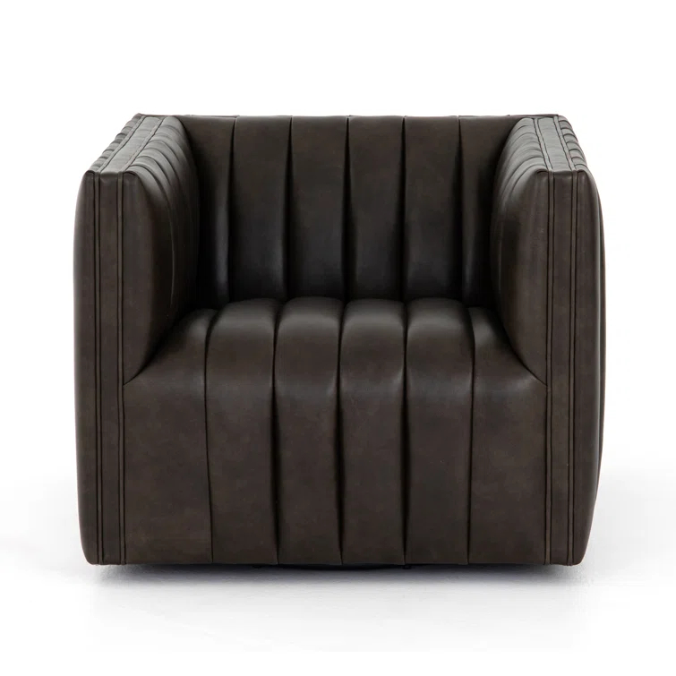 Deacon Wolf Genuine Leather 32" Modern Swivel Chair in Black
