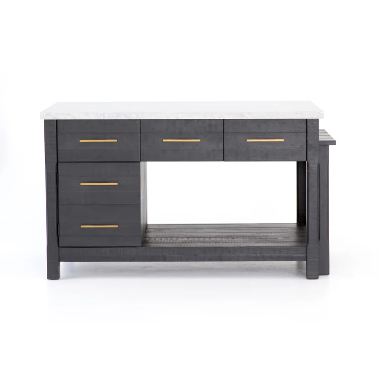 Elegant Black Acacia and White Marble 60" Kitchen Island
