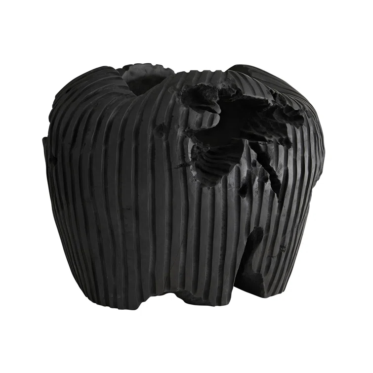 Ebony Teak Root Hand-Carved Ribbed Sculpture Centerpiece