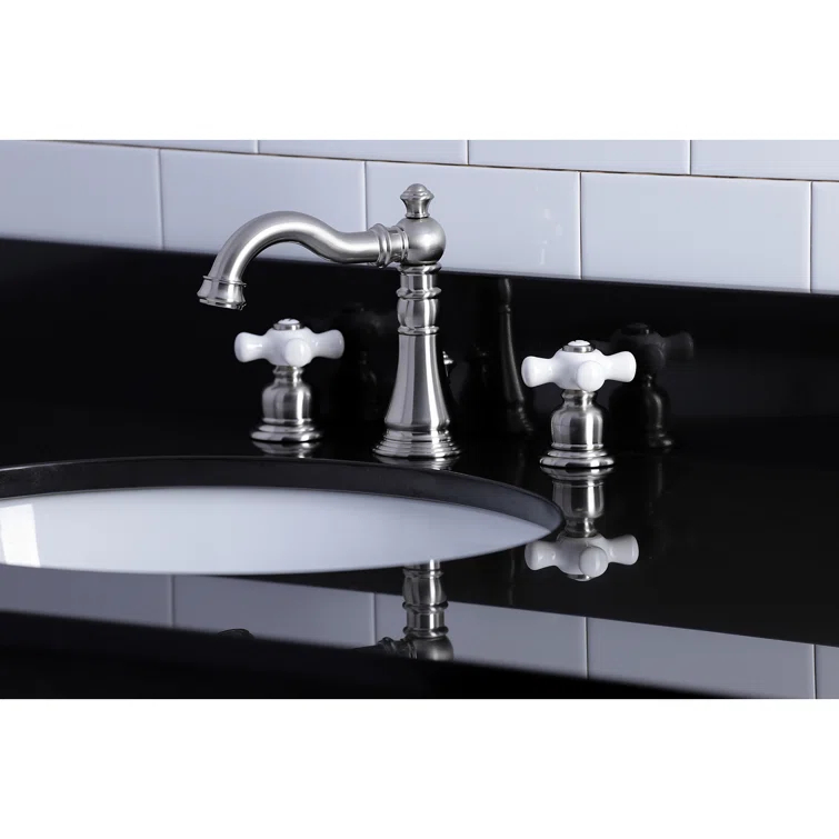 Kingston Brass American Classic Two-Handle 3-Hole Deck Mount Widespread Bathroom Faucet with Pop-Up Drain
