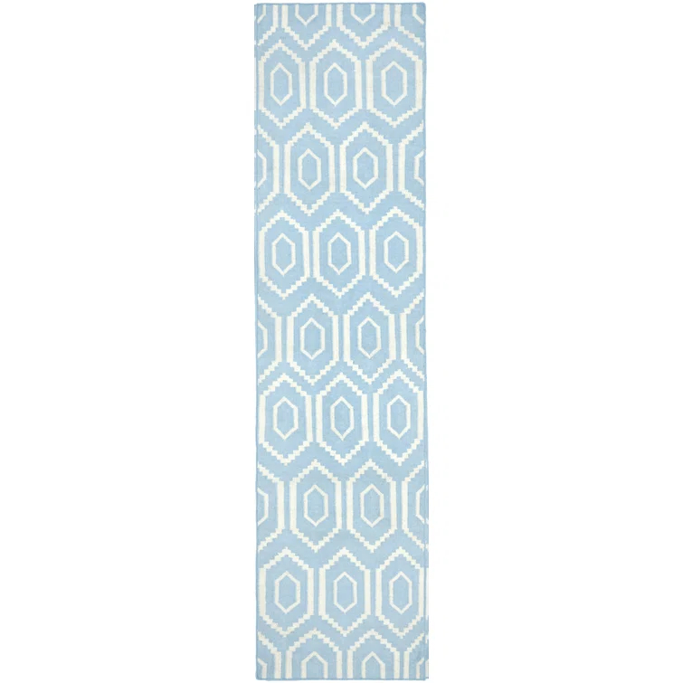 Dhurries Hand Woven Flat Weave Wool/Cotton Geometric Rug in Ivory/Blue