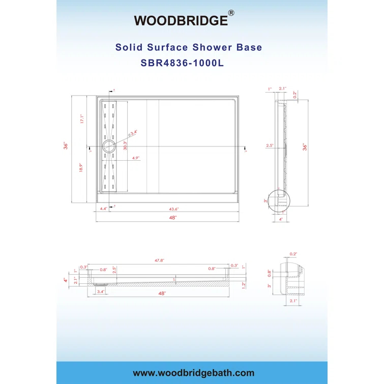 48" W x 36" Solid Surface Single Threshold Shower Pan Base with Drain Assembly & Drain Cover Included, Non-Slip
