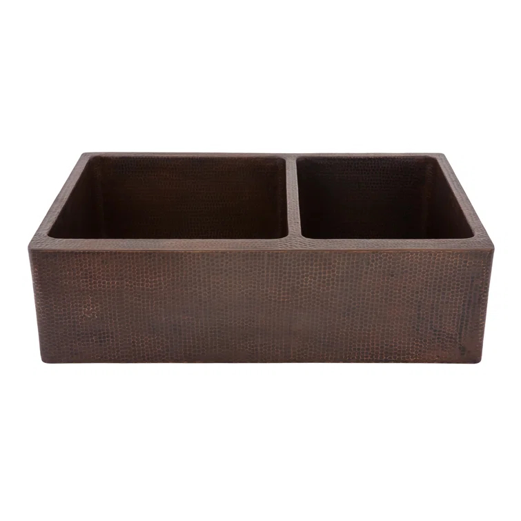33" Hammered Copper Kitchen Apron 60/40 Double Basin Sink with Matching Drains, and Accessories