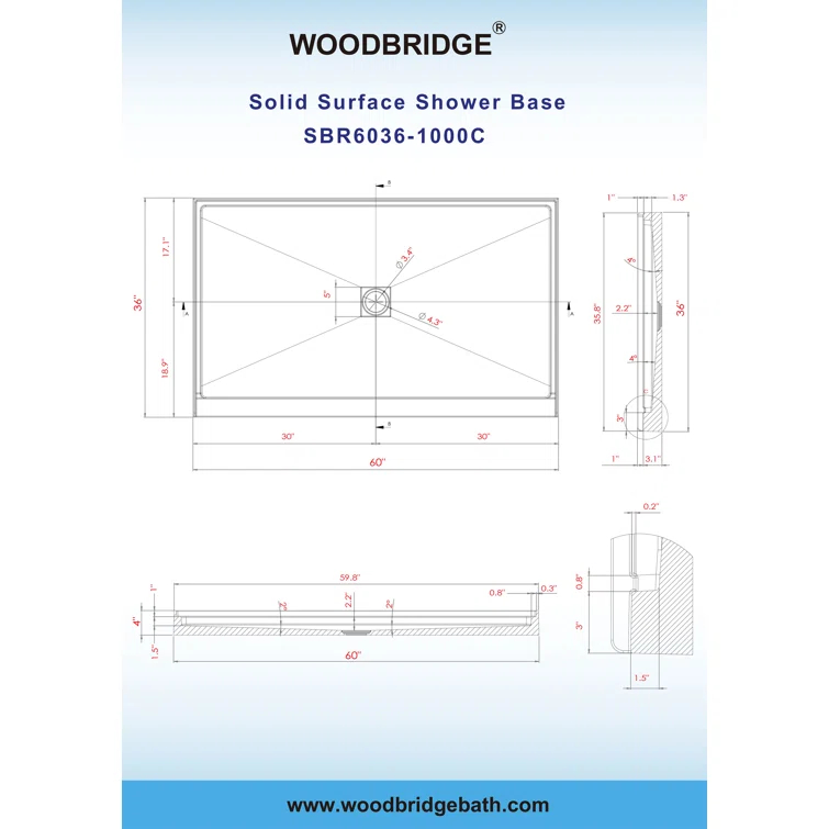 60" x 36" Solid Surface Single Threshold Shower Pan Base with Drain Assembly & Drain Cover Included, Non-Slip
