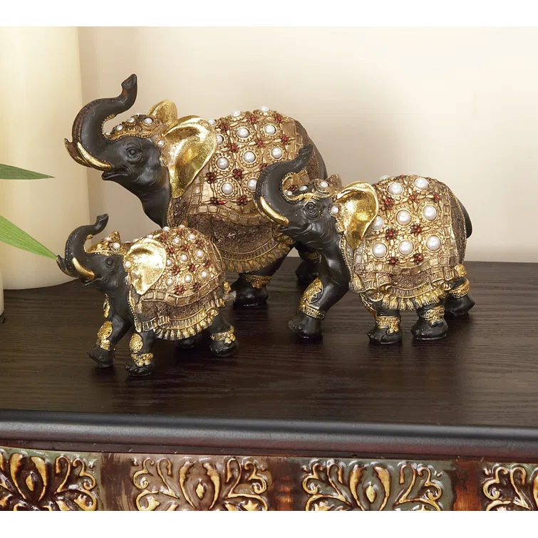 World Menagerie Alfhild Polystone Handmade Decorated Elephant Gold Sculpture with Ornate Dresswear and Pearl Accents Set
