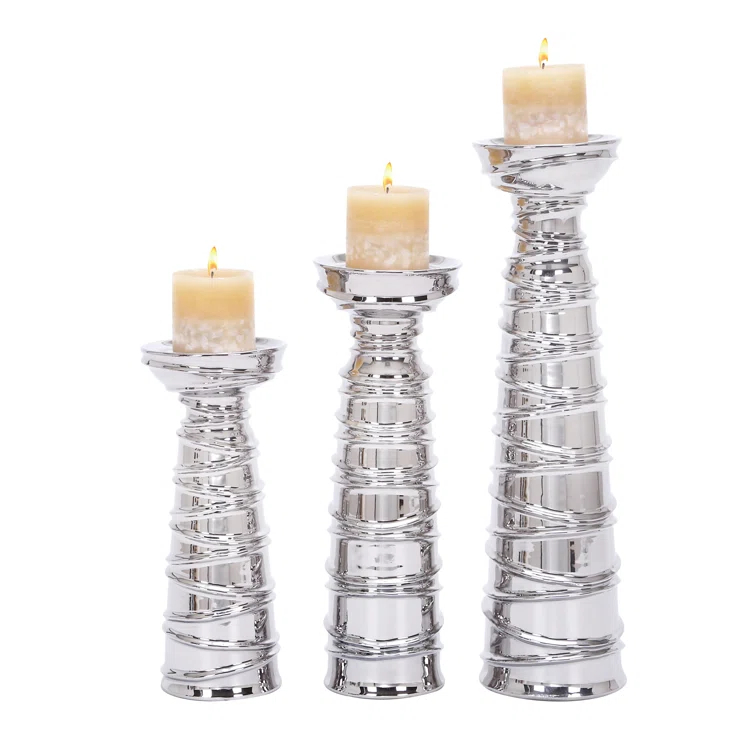 Mercer41 Ceramic Abstract Wrapped Decorative Silver Candle Holder Set