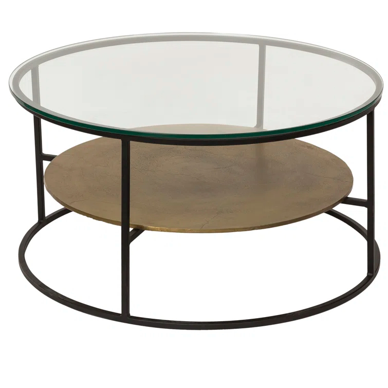 Callie Round Beige & Black Metal Coffee Table with Glass Top