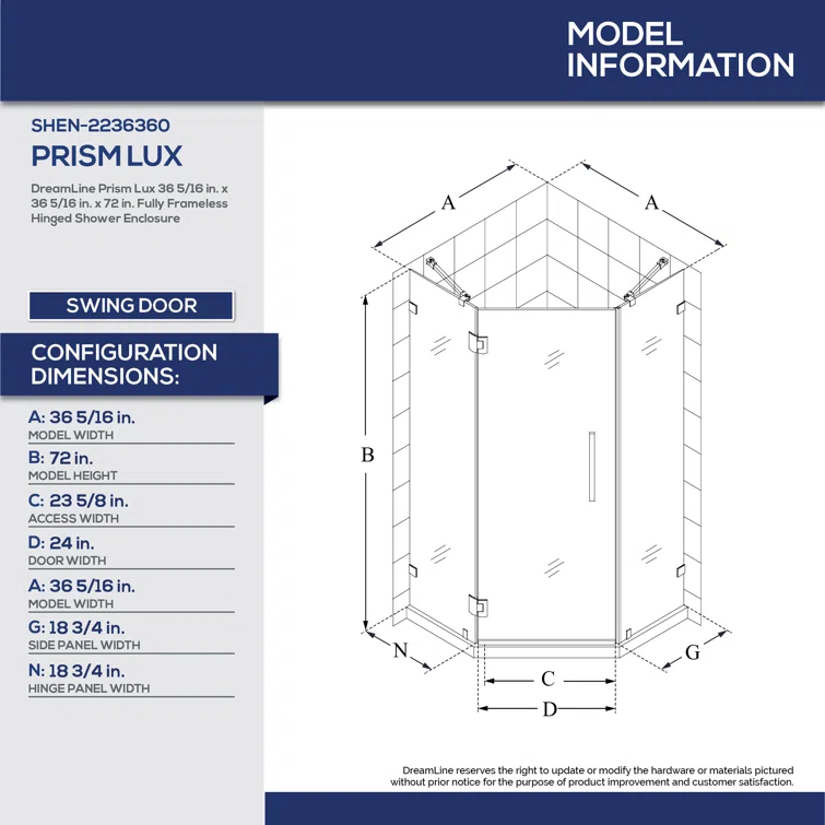 DreamLine Prism Lux 36.31" W x 36.31" D x 72" H Frameless Neo-angleShower Enclosure