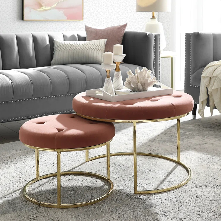 Carlotta Velvet Nesting Ottoman Set of 2 with Stainless Steel Polished Gold Frame