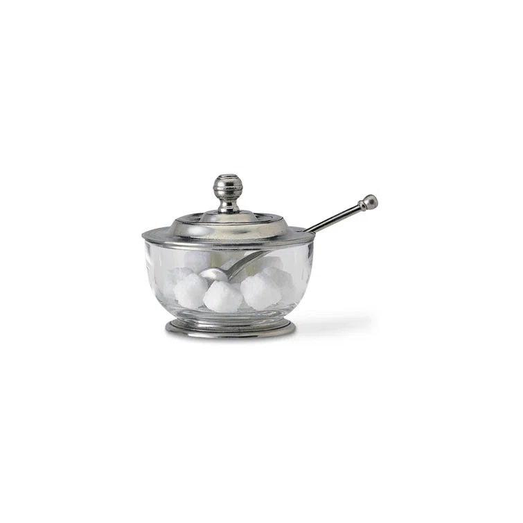 Elegant Pewter and Glass Sugar Bowl with Spoon