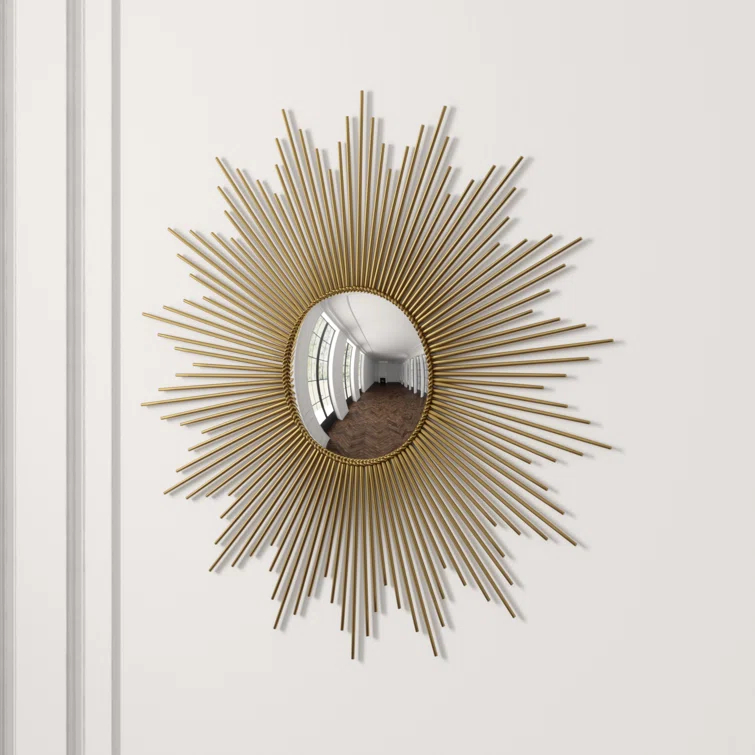 Antique Brass Sunburst Round Wood Mirror 39"