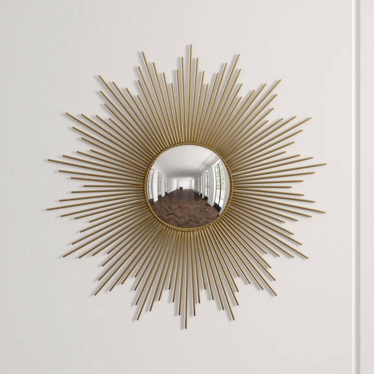 Antique Brass Sunburst Round Wood Mirror 39"