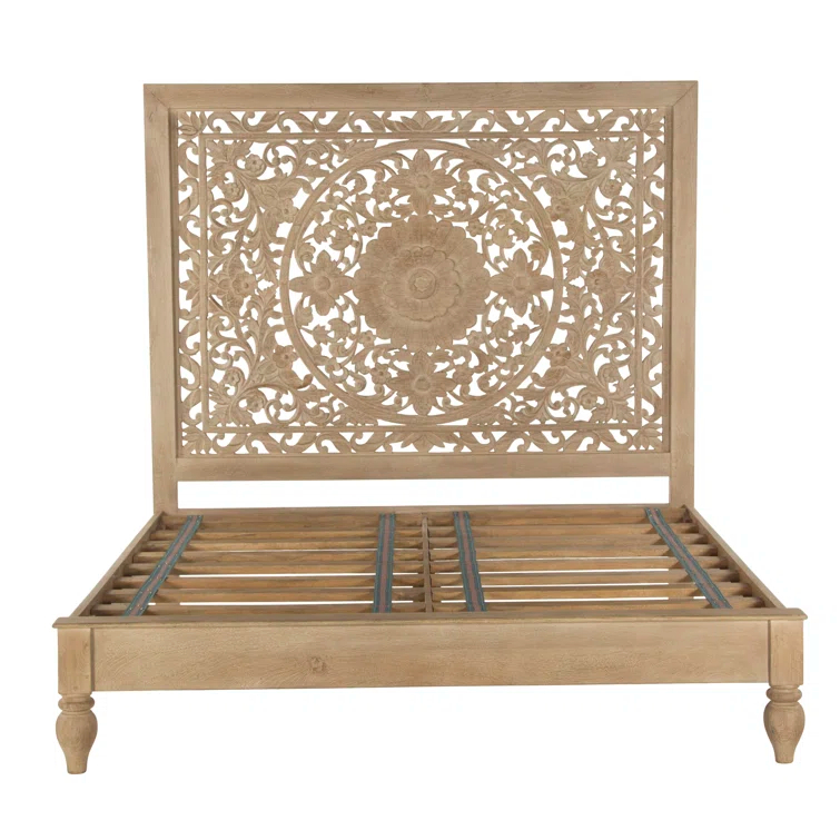 Elegant Floral Carved King Platform Bed in Light Brown