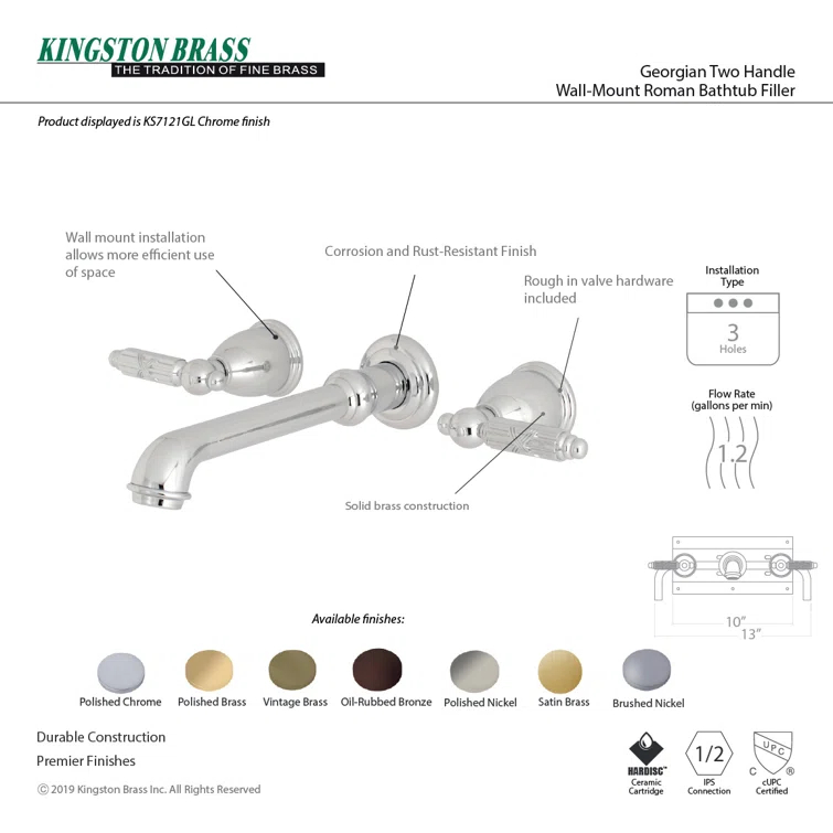 Kingston Brass Georgian Two-Handle 3-Hole Wall Mount Bathroom Faucet