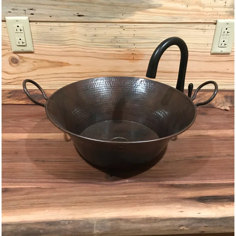 16" Rustic Circular Copper Vessel Bathroom Sink with Handles