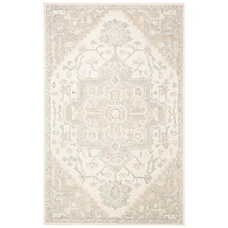 Ivory and Beige Wool Medallion Tufted Runner Rug 2'6"x4'0"