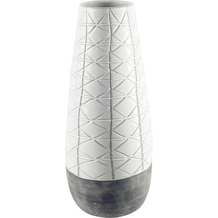 Textured White Over Dark Clay Carved Ceramic Vase, Gray