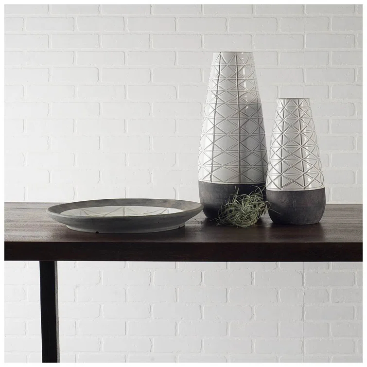 Textured White Over Dark Clay Carved Ceramic Vase, Gray