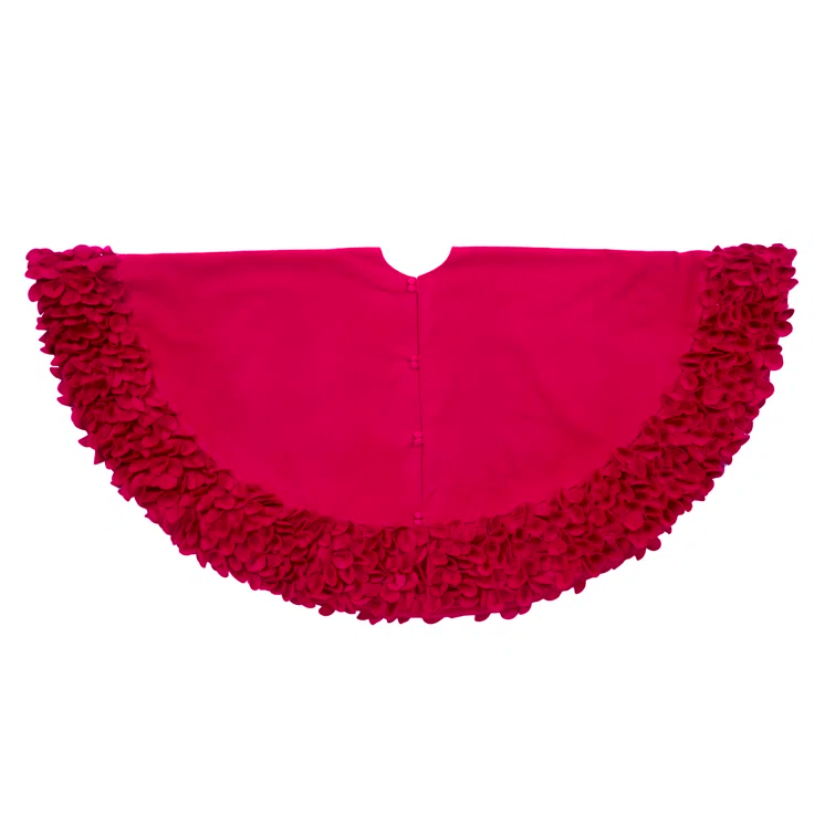 Handmade Red Recycled Wool Christmas Tree Skirt with Ruffled Flower Border