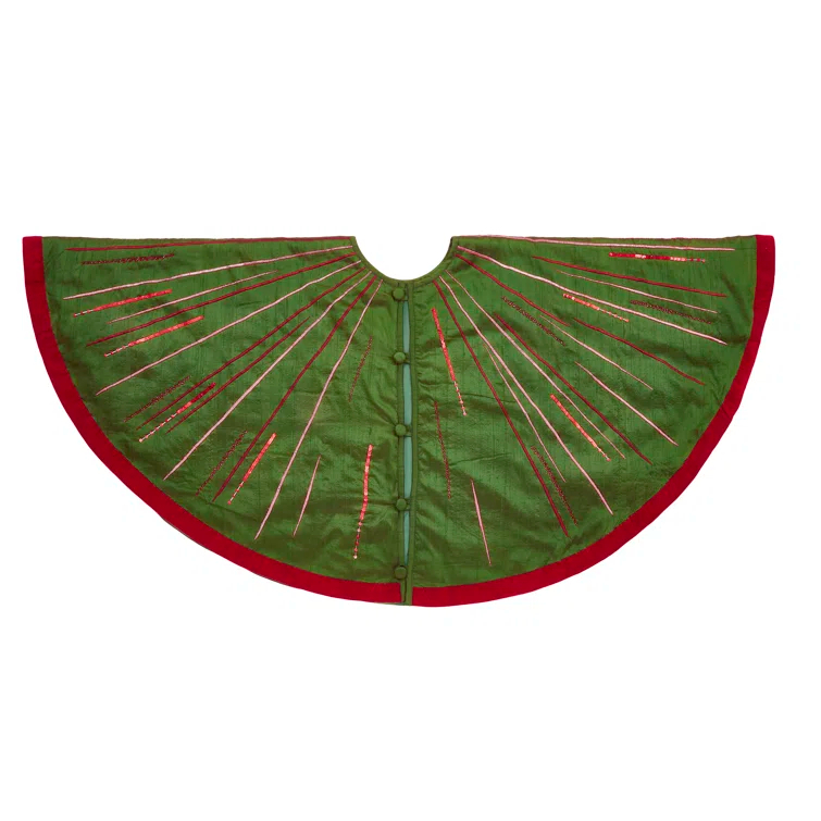 Hand Beaded Green Silk Christmas Tree Skirt with Red Velvet Trim - 60"