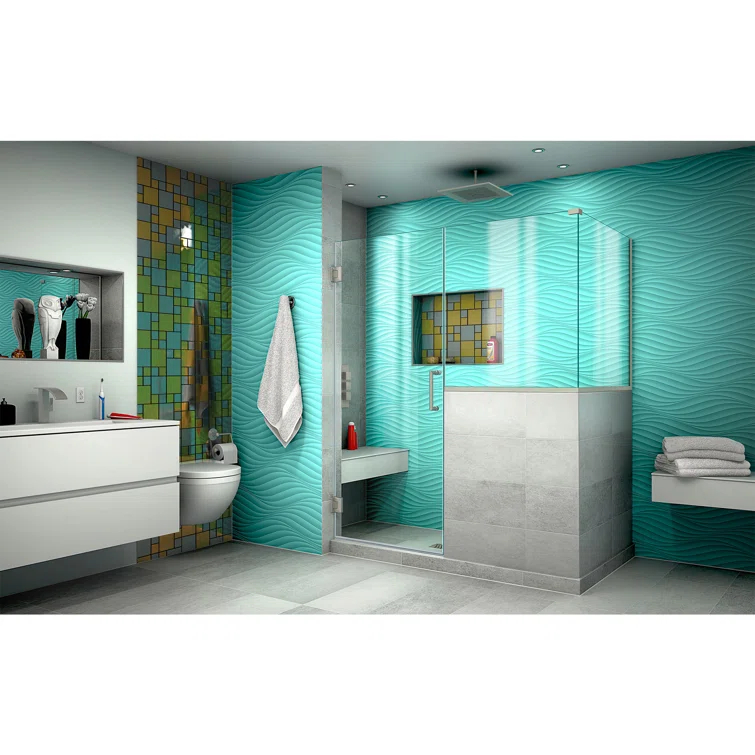Unidoor Plus 58" W x 30.375" D x 72" H Frameless Pivot Rectangle Shower Enclosure with Fixed Panel