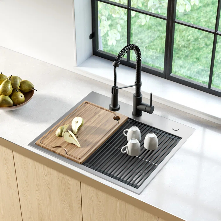 Kraus KWT311-25 KRAUS Kore™ Workstation 25-inch L Drop-In 16 Gauge Single Bowl Stainless Steel Kitchen Sink with Accessories
