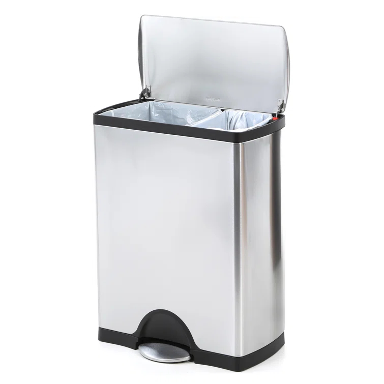 simplehuman Rectangular Dual Compartment Recycling Kitchen Step Trash Can, 46 Liter, Stainless Steel
