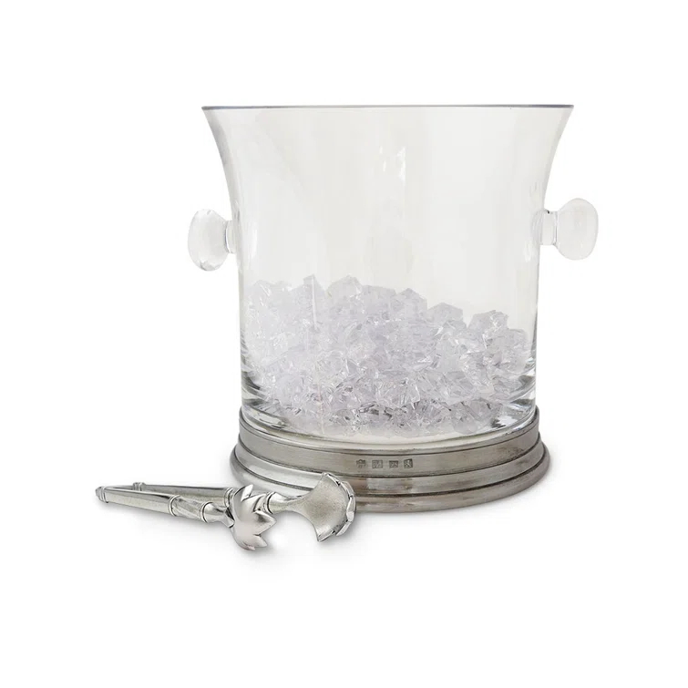 Silver and Glass Ice Bucket with Handles and Tongs