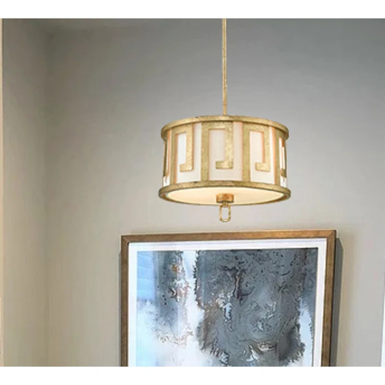 Distressed Gold Drum 2-Light Pendant with Fabric Shade
