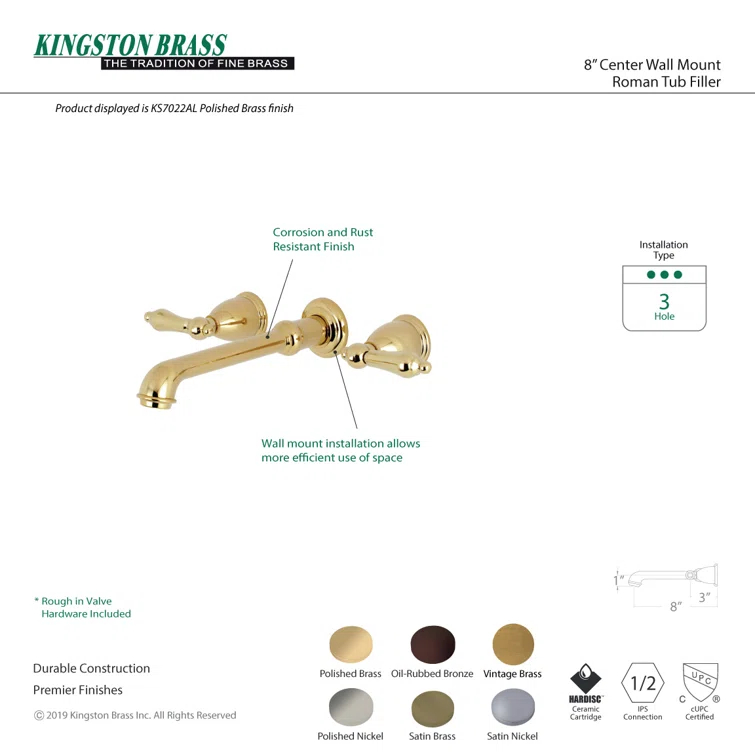 Kingston Brass English Country Two-Handle 3-Hole Wall Mount Roman Tub Faucet