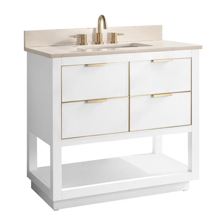 Allie 37" White and Gold Trim Single Bathroom Vanity with Gray Quartz Top