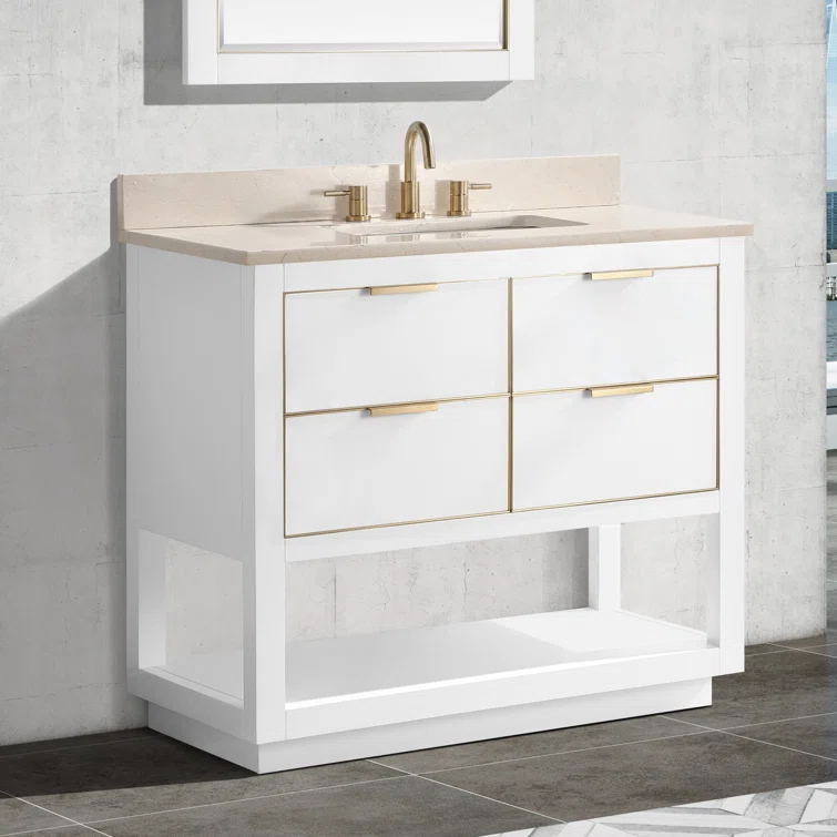 Allie 37" White and Gold Trim Single Bathroom Vanity with Gray Quartz Top