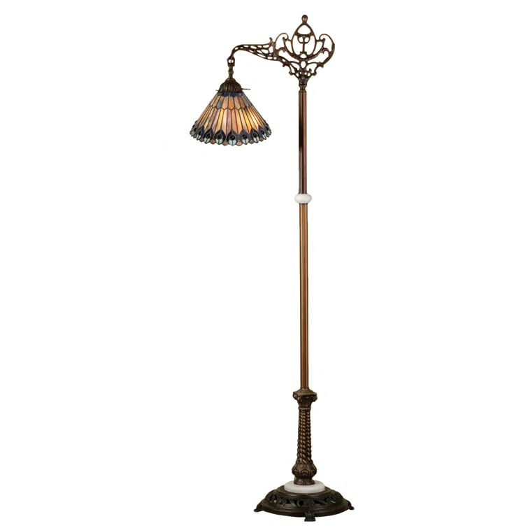 65841 Meyda 60"H Tiffany Jeweled Peacock Bridge Arm Floor Lamp