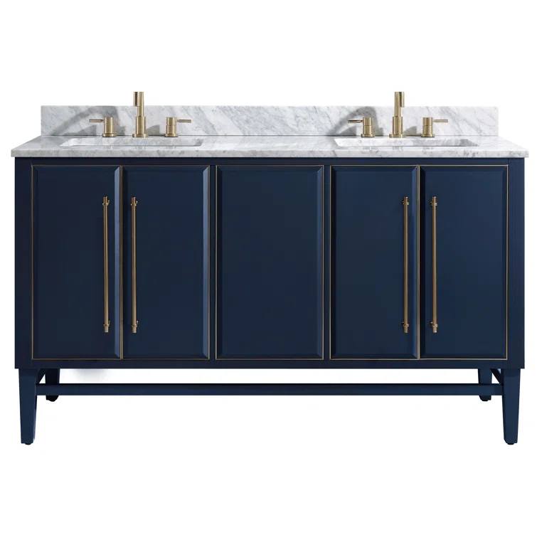 Navy Blue and Gold Double Sink Vanity with Marble Top