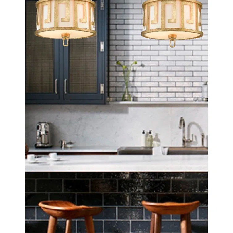 Distressed Gold Drum 2-Light Pendant with Fabric Shade