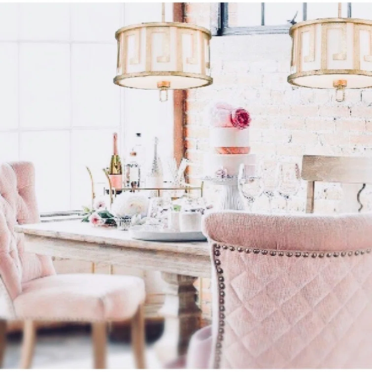 Distressed Gold Drum 2-Light Pendant with Fabric Shade
