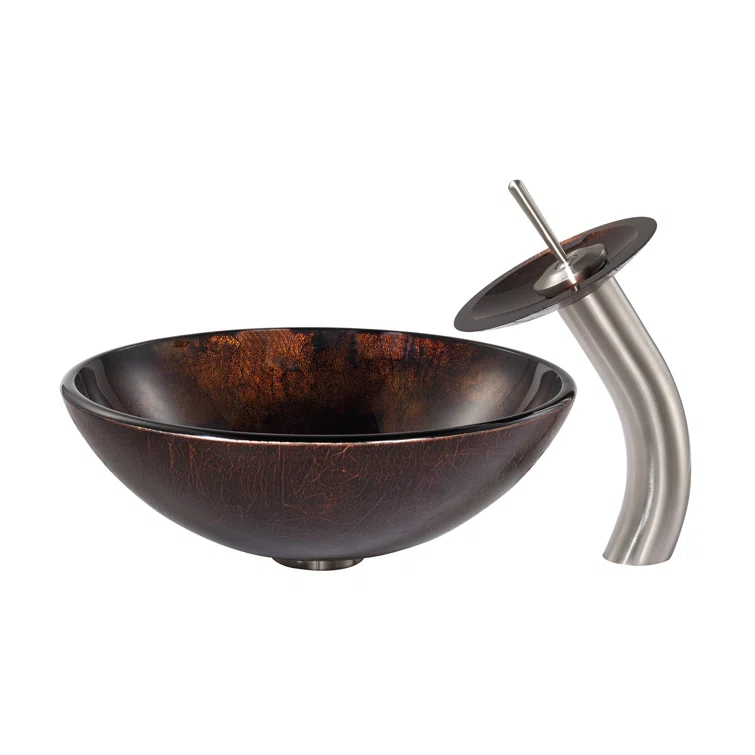 Glass Circular Vessel Bathroom Sink with Faucet