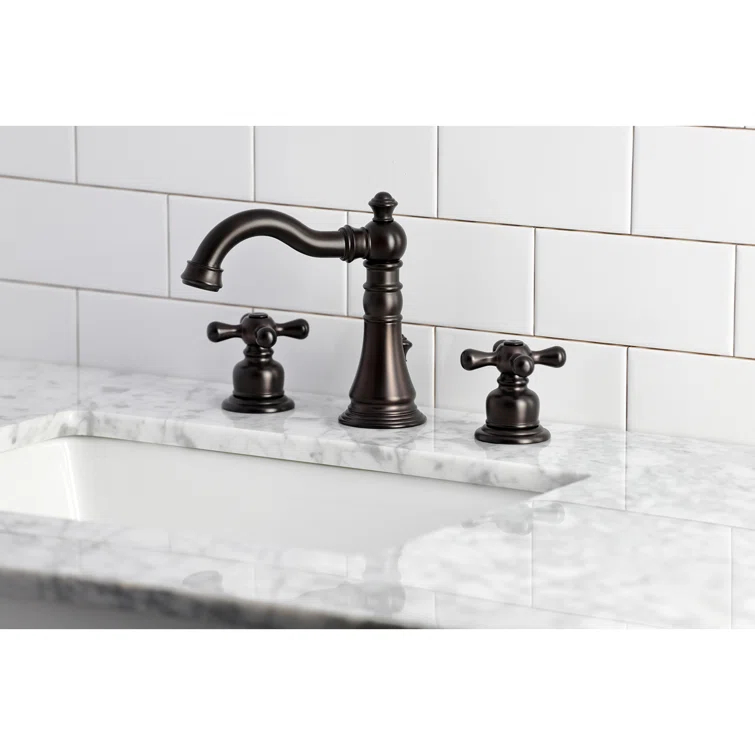 Kingston Brass American Classic Two-Handle 3-Hole Deck Mount Widespread Bathroom Faucet with Pop-Up Drain