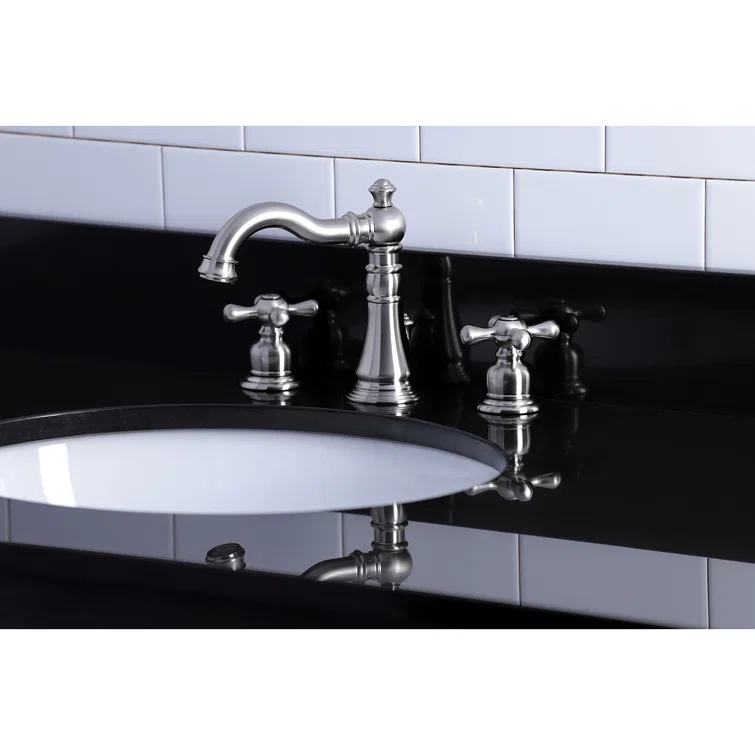 Kingston Brass American Classic Two-Handle 3-Hole Deck Mount Widespread Bathroom Faucet with Pop-Up Drain