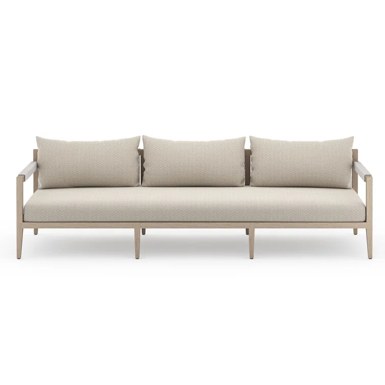 Sherwood Washed Brown Teak Outdoor Sofa with Beige Cushions