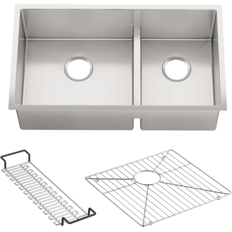 Strive 32" L x 18-5/16" W x 9-5/16" Smart Divide Under-Mount Large/Medium Double-Bowl Kitchen Sink with Basin Rack
