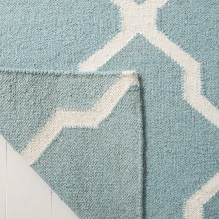 Dhurrie Hand Woven Flat Weave Wool/Cotton Geometric Rug in Light Blue/Ivory