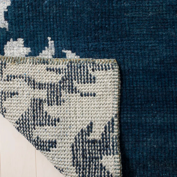 Stone Wash Hand Knotted Wool/Viscose/Cotton Ikat Rug in Indigo